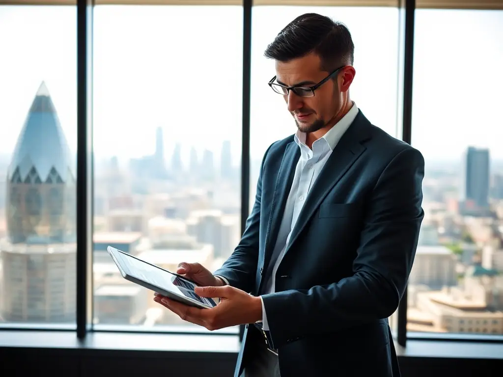 An image of a financial advisor analyzing market data on a digital tablet with Johannesburg skyline in the background.