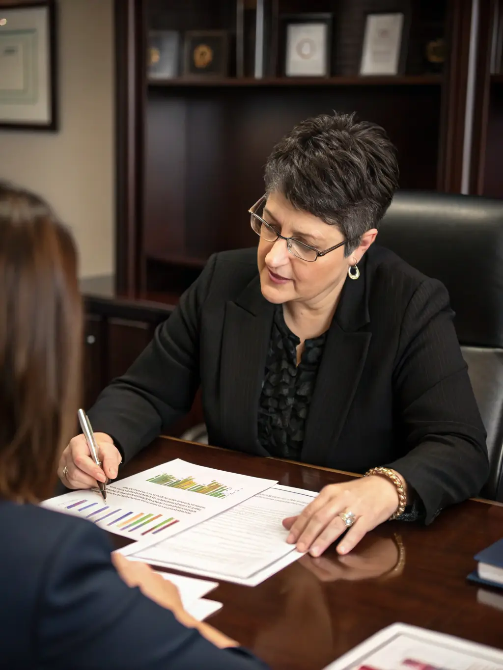 A professional South African financial consultant advising a client in a modern office setting, reviewing investment portfolios and discussing financial strategies.