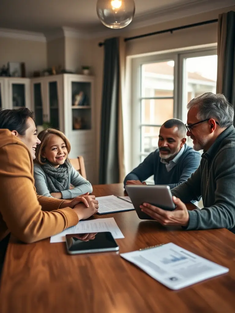 A South African family happily planning their financial future with a consultant, emphasizing the importance of financial planning for families.